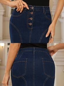 Minigonna di jeans con bottoni, design con cucitura curva, in lavaggio scuro