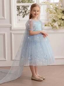 Rochie elegantă de prințesă de gheață cu mâneci bufante din tul și paiete, potrivită pentru cadou de zi de naștere, banchet, petrecere de dans, festival