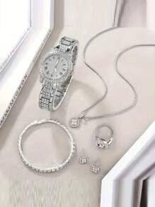 6 件/套时尚奢华全水钻罗马钢表带女士石英表 + 手链 + 项链 + 戒指 + 耳环套装 - 銀色 - 查看 2
