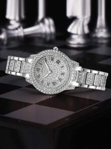 6 件/套时尚奢华全水钻罗马钢表带女士石英表 + 手链 + 项链 + 戒指 + 耳环套装 - 銀色 - 查看 4