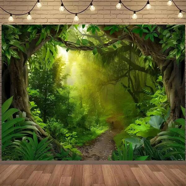 1pc Tropical Rainforest Photography Backdrop, Tropical Jungle Forest Nature Landscape Background, Wild Animal Party Banner Decor, Adult Adventure Photo Booth Props, Birthday Cake Table Supplies