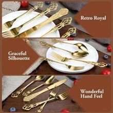 Bộ đồ ăn bằng bạc hoàng gia cổ điển Giáng sinh 30 món, Bộ dao kéo bằng thép không gỉ 6 món bao gồm nĩa, thìa và dao, Đồ trang trí nhà thân thiện với máy rửa chén Quà tặng năm mới - Vàng - Xem 4