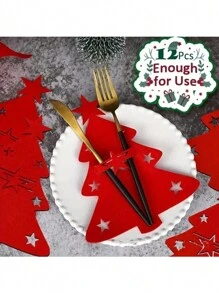 Juego de 12 portacubiertos en forma de árbol de Navidad - Bolsas suaves de fieltro para tenedor y cuchara para un ajuste organizado de la mesa, hermosa decoración navideña, regalo perfecto para Navidad y Pascua