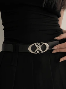 1pc Women's Black Leather Crescent Moon & Star Buckle Belt, Streetwear Cross Waist Belt, Versatile Fashion Accessory To Pair With Jeans & Skirts