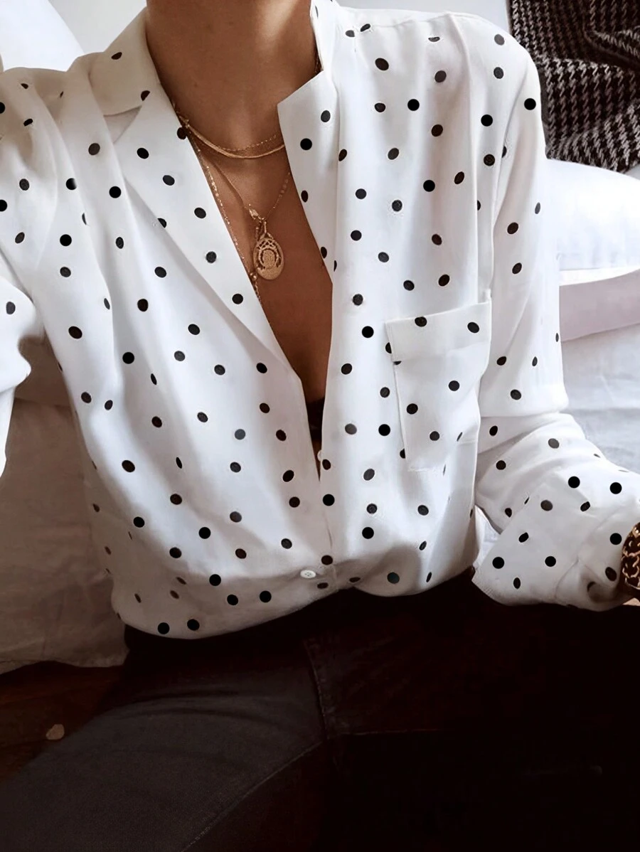 带口袋的波尔卡圆点衬衫，休闲优雅的办公室女士通勤上衣，适合春季、夏季、秋季、度假、蜜月、约会 - 黑與白 - 查看 1