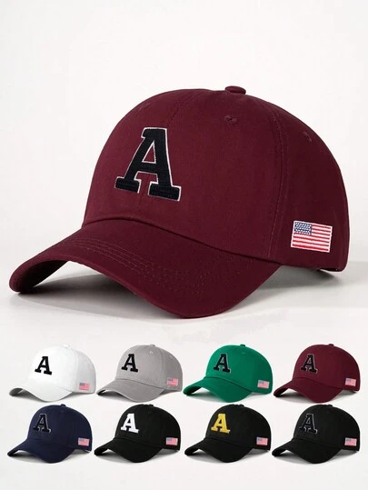 1 pieza Gorra de béisbol ajustable con bordado frontal de A y bandera americana en el lateral, sombrero casual de protección solar adecuado para primavera/otoño, viajes, sombrero versátil y de moda para el sol, estilo Y2K