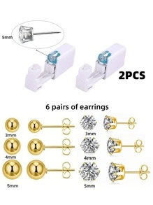 14pcs/Set Sterile Ear Piercing Kit, (2pcs Ear Piercer + 6pcs White Zirconia Gold Earrings + 6pcs Gold Bead Earrings), Disposable Low-Pain Ear Cartilage Piercing Gun With Built-In Ear Studs, Ear Beauty Tools & Accessories For Both Men And Women