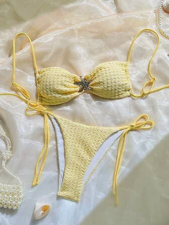 Ensemble de bikini décoratif sexy et en forme d'étoile de mer, en tissu texturé de couleur jaune unicolore. Maillot de bain d'été pour femmes pour la plage et les vacances