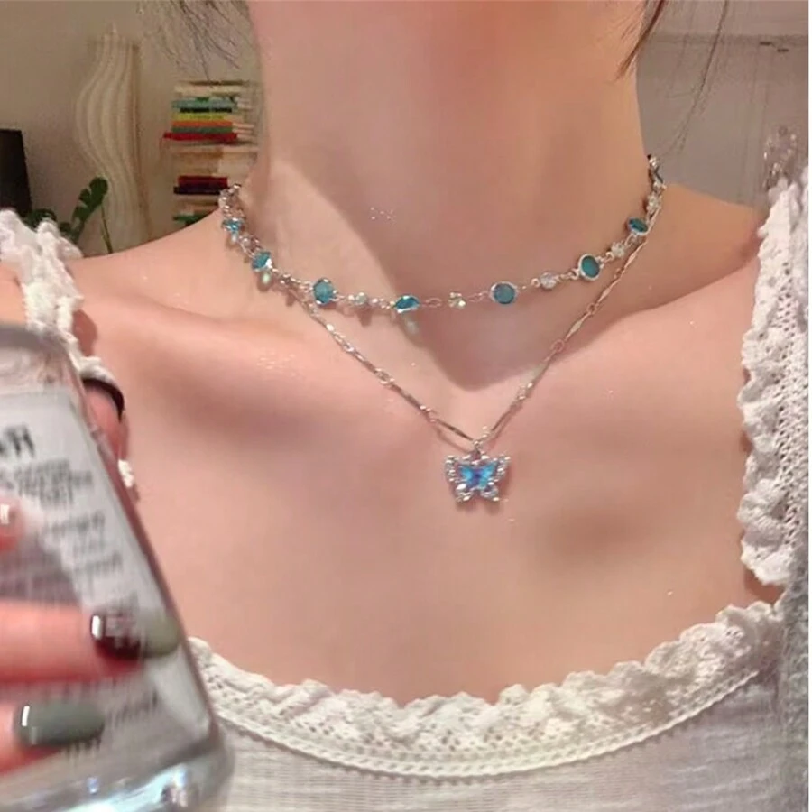 2pcs Blue Crystal Butterfly Necklace For Women Hot Girls Double Layer Choker Clavicle Chain Jewelry Gift