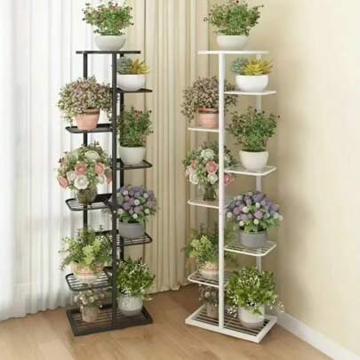 8-Tier 9-Pot Metal Multi-Use Display Rack - Indoor/Outdoor Decorative Plant Stand, Tiered Shelves Organizer For Living Room, Bedroom, Balcony - Sturdy Home Decor Flower Pot Holder
