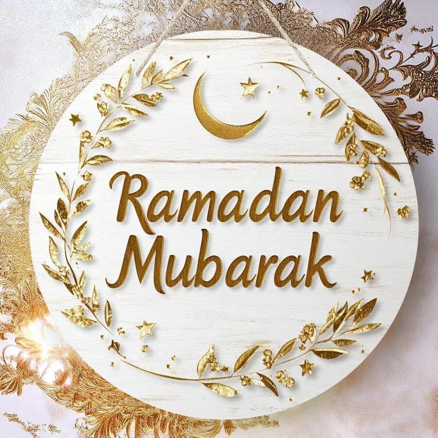 Happy Festival 2025 - Elegant White & Gold Crescent Moon Wooden Hanging Plaque | Versatile Wall Art For Home, Party, Outdoor Decor | Perfect Gift For Islamic Celebrations - White - View 1