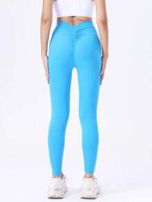 YESOBD 1 Pcs V Back Scrunch High Elastic Sports Solid Color Soft Gym Leggings For Women Workout Leggings Scrunch Soft High Waisted Booty Tights Workout Gym Yoga Pants - 藍色 - 查看 3