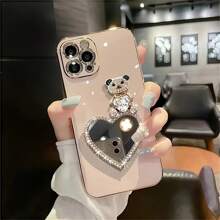 1pc Electroplated TPU Luxury Soft Fully Wrapped Heart Crystals Teddy Bear Mirror Phone Case Compatible With Iphone/Galaxy/Redmi/OPPO