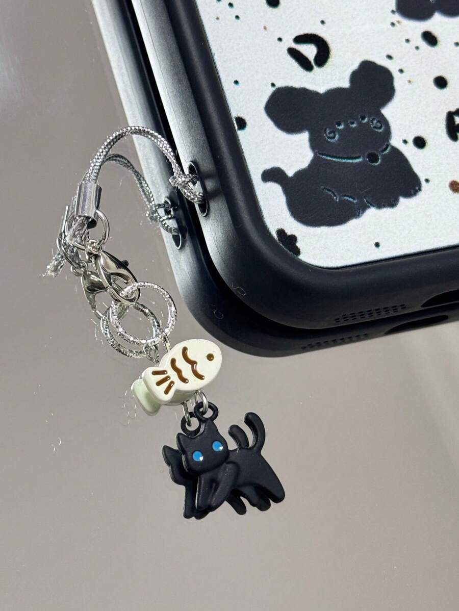 1 件黑猫不吃鱼可爱手机挂饰，简约时尚配饰，适合女性日常使用，适合送给母亲、家人、朋友、生日、节日的礼物，手机挂饰，手机链 - 黑與白 - 查看 1