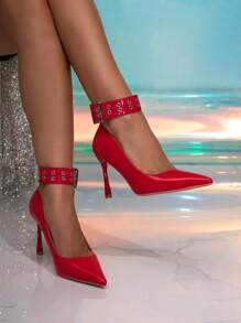 Women's Stylish Pointed Toe High Heel Slip-On Pumps - Red - View 5