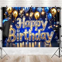 1pc Gold & Blue Glitter "Happy Birthday" Background Banner, Photo Backdrop Decoration For Photo Booth, Birthday Party, Anniversary Celebration, Suitable For Indoor And Outdoor Use, Party Supply