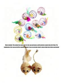 Colorful Feather Painted Iron Cage Pet Cat Toys - Realistic Mouse Shaped Rollers And Caged Mice, Interactive Toys For Cats