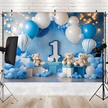 Sfondo versatile per il primo compleanno in poliestere durevole, con mongolfiera blu e orsacchiotto, adatto per feste, matrimoni, lauree sia indoor che all'aperto - 1 pz. - Visualizzare 3