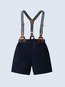 BOARNSEORL 男婴三件套绅士套装：短袖衬衫配领结、工装短裤和背心，时尚服装，适合生日派对、晚宴、婚礼、选美 - 藍色 - 查看 5