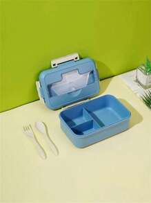 1pc Bento Box Lunch Box With Fork And Spoon, Home Use Meal Prep Container, Microwave Safe For Students And Working Adults