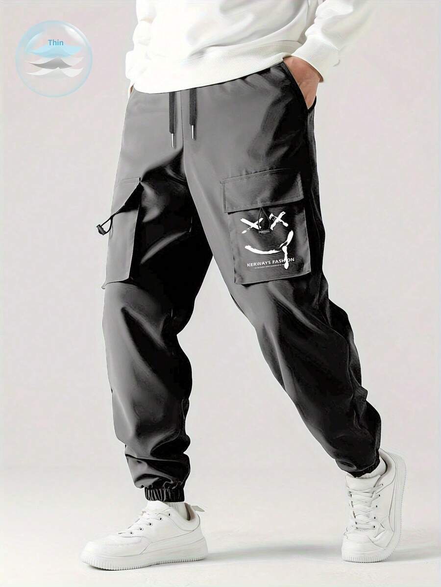 Pantalones cargo casuales y con estampado de letras para hombre con cintura con cordón y pierna entallada - Gris - Ver 1