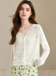 1pc Women Loose V-Neck Hollow Knit Shrug Cover Up, Versatile Long Sleeve Lightweight Ice Silk Sun Protection Kimono Outwear - Multicolor - View 2