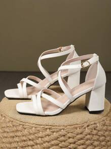 Square Toe Thick Heel Strap Buckle Sandals, Versatile High Heels For Party - White - View 3