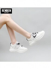 RENBEN 女士平底白色运动鞋，网眼透气休闲硫化鞋，适合学生和日常穿着 - 米黑色 - 查看 7
