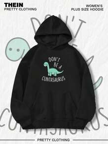Cartoon Dinosaur Pattern Print Sweet And Gentle Temperament Fall Clothes Plus Size, Autumn And Winter Women's Plus Size Casual Dinosaur Pocket Drawstring Hoodie Fall Tops Women, Women's Fall Plus Size Clothes