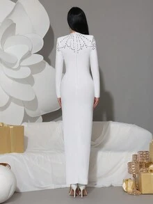 Modphy 全新女式纯色水钻装饰性感方领长袖紧身超长绷带连衣裙，女士正式晚礼服，适合派对、活动、婚礼宾客穿着 - 白色 - 查看 6