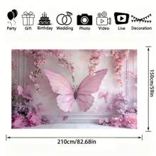 Pink Princess Butterfly & Floral Birthday Party Background - Wall Decor For Celebration Event, Happy Birthday Theme, European Style Photo Backdrop - 1pc - View 4