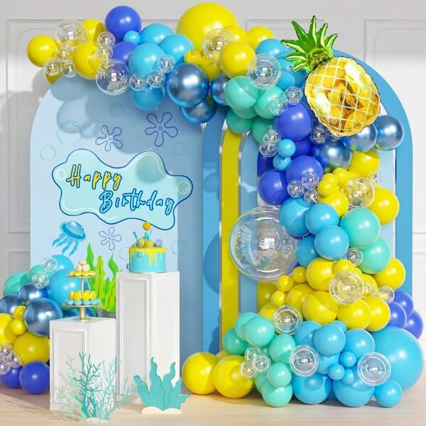 147pcs Cartoon Sponge Balloon Garland Set, Including Pineapple Foil Balloons And Yellow, Blue, Transparent, Cyan, Metallic Blue Latex Balloons, Perfect For Birthday Party Decorations, Decorative Backdrops, Shower Decorations, Cartoon Sponge Theme Party Supplies