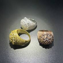 European And American Hip-Hop Style 3-Circle Zirconia Unique Ring, Shiny Brass Fully Zirconia Hiphop Jewelry