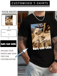 Customized Personalized Loose Round-Neck Men's Casual T-Shirt - Add Your Own Images And Your Text (Family Photo/Selfie/Pet Photo/Friend Photo/Lover Photo/Girlfriend Photo/Gifts/Logo For Couples/Customizable Tee For Husband Or Boyfriend Or Girlfriend) To Design Your Personalized Printed T-Shirt