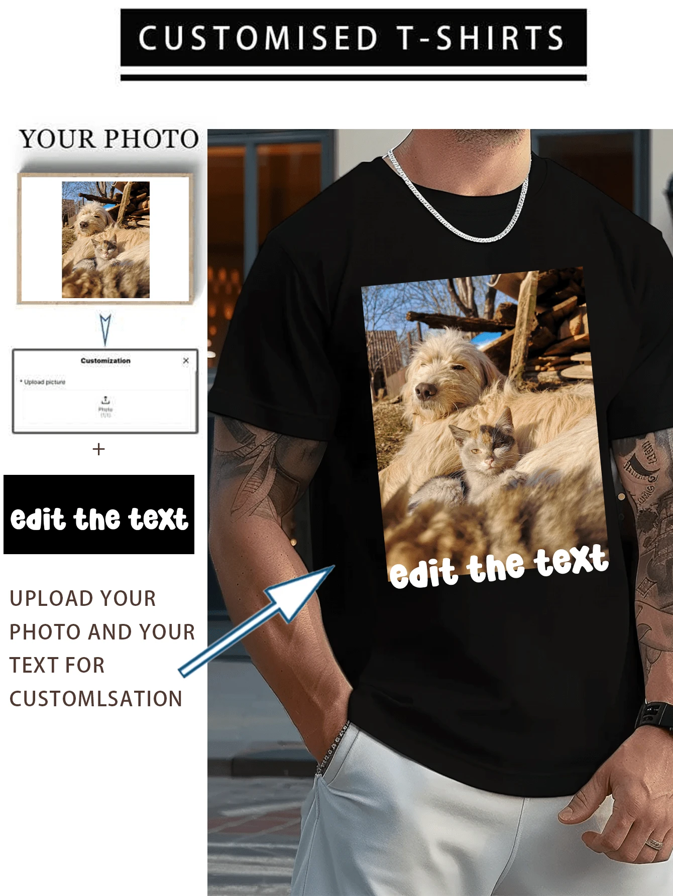 Customized Personalized Loose Round-Neck Men's Casual T-Shirt - Add Your Own Images And Your Text (Family Photo/Selfie/Pet Photo/Friend Photo/Lover Photo/Girlfriend Photo/Gifts/Logo For Couples/Customizable Tee For Husband Or Boyfriend Or Girlfriend) To Design Your Personalized Printed T-Shirt
