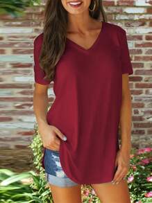 Women's Solid Color Top, V-Neck Short Sleeve T-Shirts