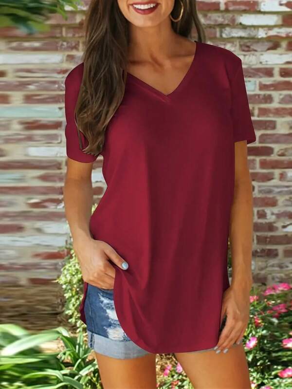 Women's Solid Color Top, V-Neck Short Sleeve T-Shirts