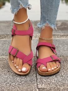 1 双女士平底凉鞋，带带扣交叉设计，露趾，软木沙滩鞋，适合户外度假，时尚 - 玫紅色 - 查看 6