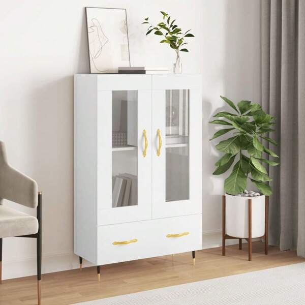 Elegantes Highboard aus weißem Holz, 69,15 cm, stilvoller Aufbewahrungsschrank für Wohnzimmer, Esszimmer und Flur