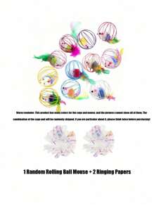 Colorful Feather Painted Iron Cage Pet Cat Toys - Realistic Mouse Shaped Rollers And Caged Mice, Interactive Toys For Cats