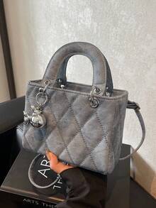 1pc Mini Rhombus Embroidered Sling Bag, Women 2024 New Fashion Crossbody Bag, Petite Refined Handbag, Lady Diana Bag - Blue - View 5