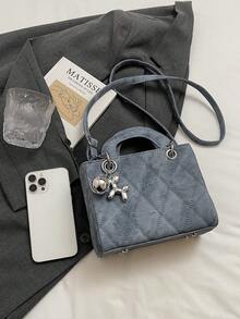 1pc Mini Rhombus Embroidered Sling Bag, Women 2024 New Fashion Crossbody Bag, Petite Refined Handbag, Lady Diana Bag - Blue - View 11