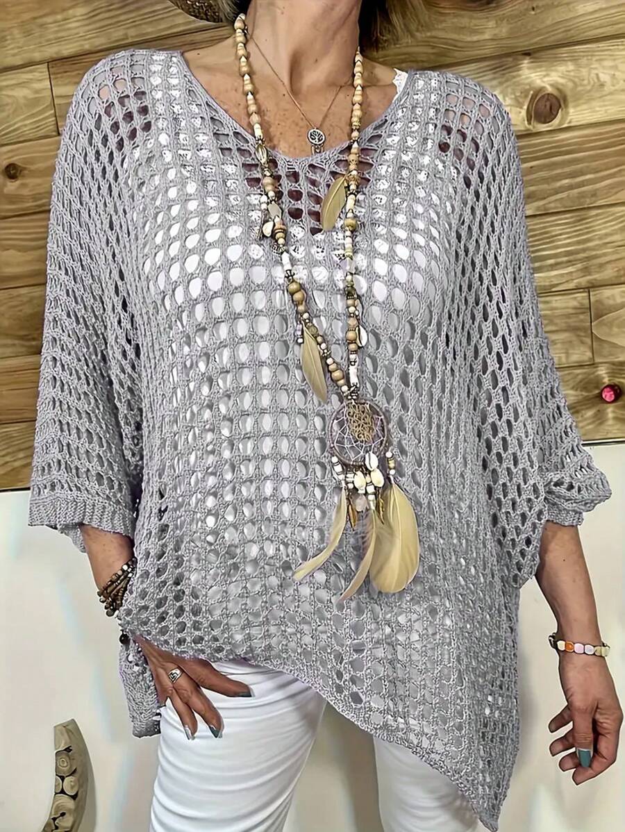 Blusa de punto sólido y hueco, top de ganchillo casual de cuello en V y manga 3/4, adecuado para primavera y verano, para mujer
