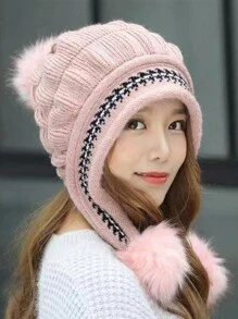 1 件装女士冬季针织无檐便帽，带护耳，温暖舒适毛绒装饰帽，适合日常使用 - 彩色 - 查看 11