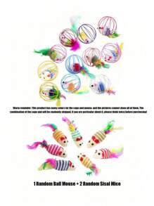 Colorful Feather Painted Iron Cage Pet Cat Toys - Realistic Mouse Shaped Rollers And Caged Mice, Interactive Toys For Cats