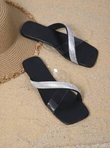 Women's Summer 2025 Fashion Outdoor Versatile Comfortable Solid Color Strap Rhinestone Slide Sandals