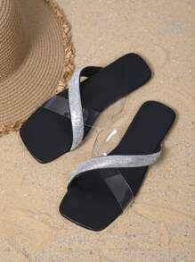 Women's Summer 2025 Fashion Outdoor Versatile Comfortable Solid Color Strap Rhinestone Slide Sandals