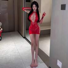 性感透明镂空紧身网纱睡衣套装 - 紅色 - 查看 6