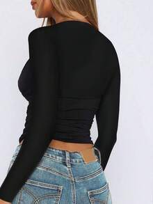 Sexy V-Neck Fitted Long Sleeve Undershirt, New Y2K Style For Women, Autumn/Winter - Black - View 4