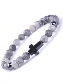 1 件 6 毫米非洲檀香火山石地图石寿山石十字架串珠手链男士 - 黑膽石長十字 - 查看 8